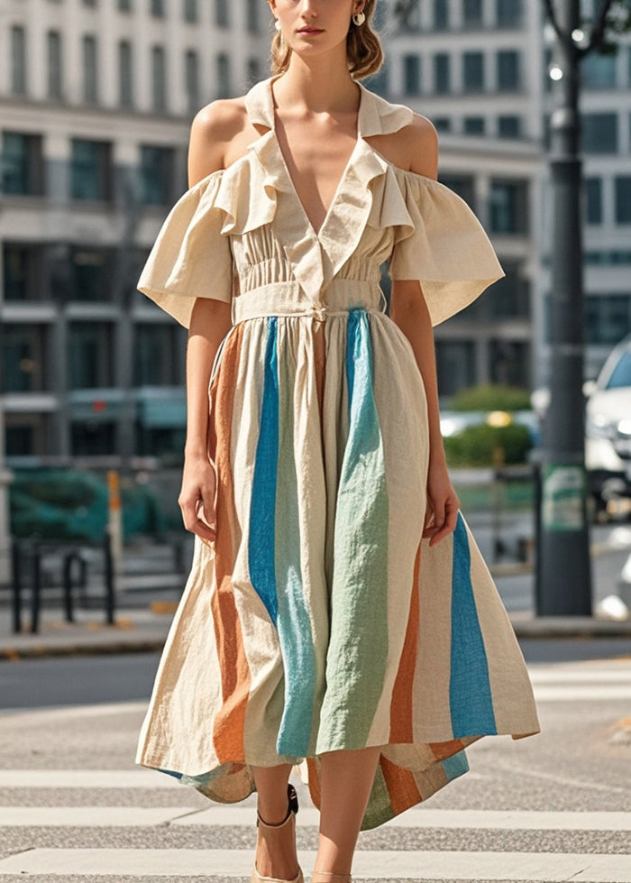 Khaki Cold Shoulder Striped Cotton Maxi Dresses Summer