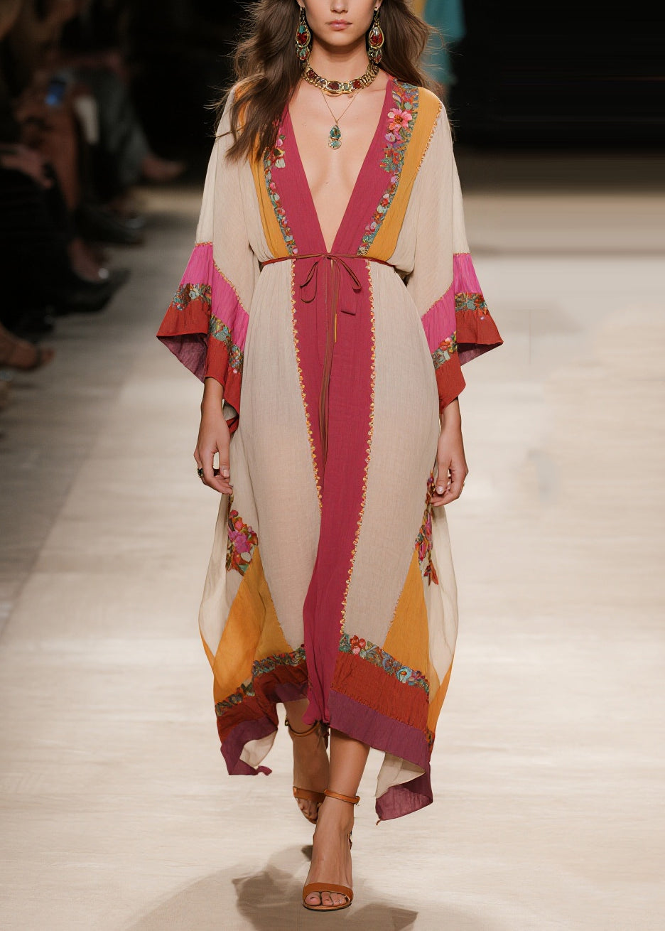 Apricot Tie Waist Print Cotton Robe Dresses Summer