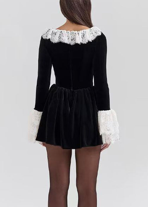 Black Square Collar Lace Patchwork Silk Velvet Mid Dress Spring