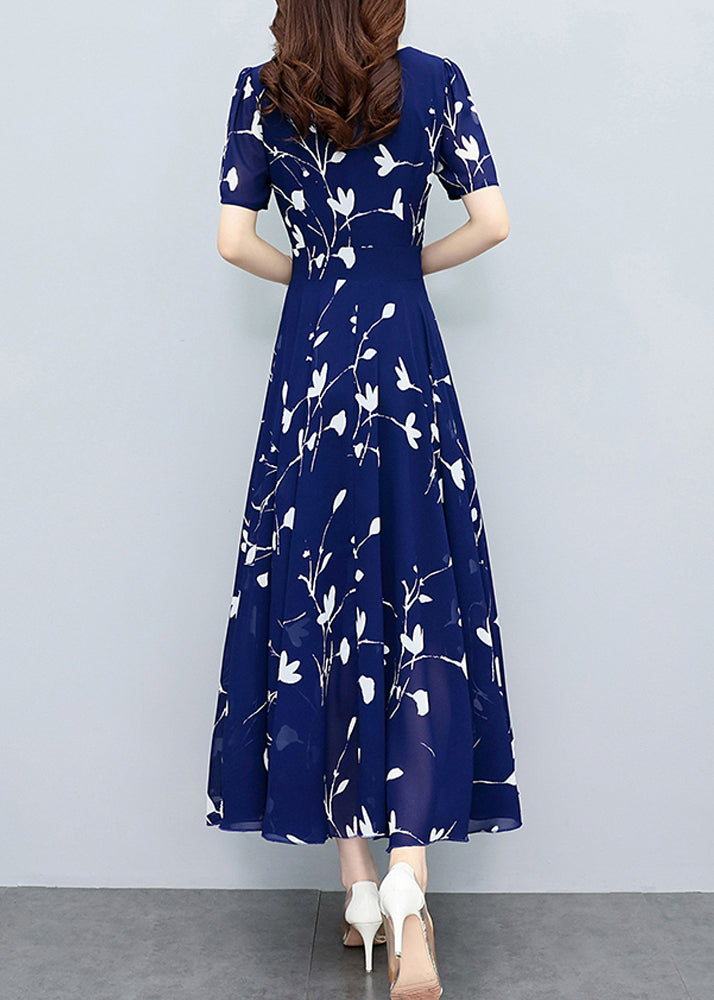 Navy Blue V Neck Print Slim Chiffon Maxi Dresses Summer