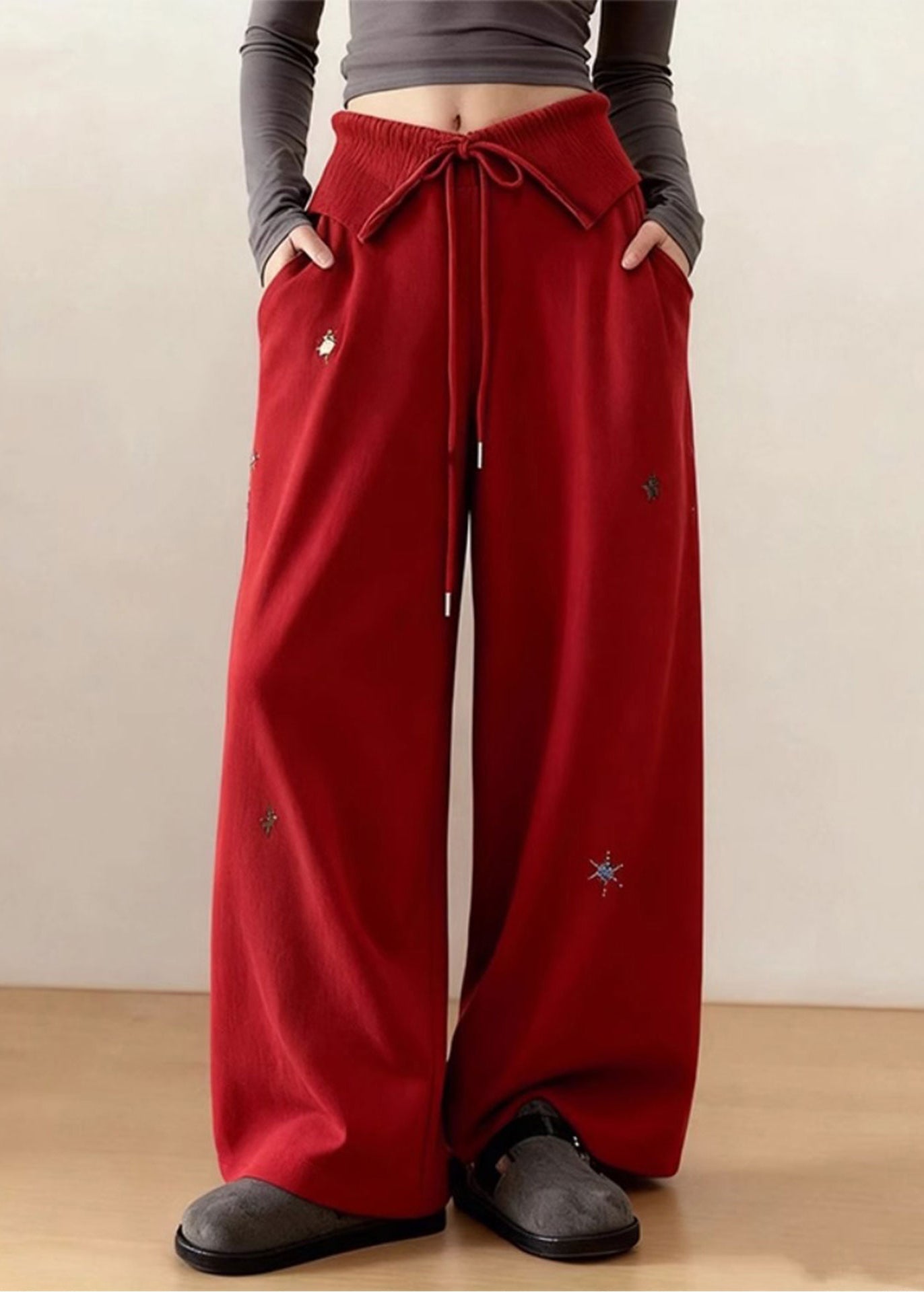 Diy Red Embroidered Tie Waist Cotton Straight Pants Spring