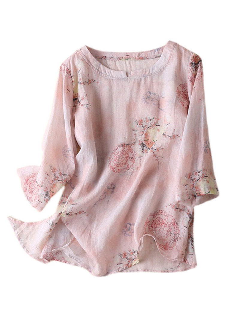 Diy Pink O-neck Print Side Open Cotton Linen Tops Half Sleeve