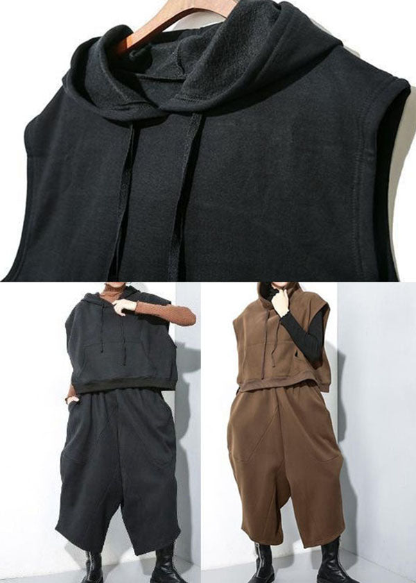 Black Pockets Warm Fleece Two Pieces Set Drawstring Sleeveless Waistcoat