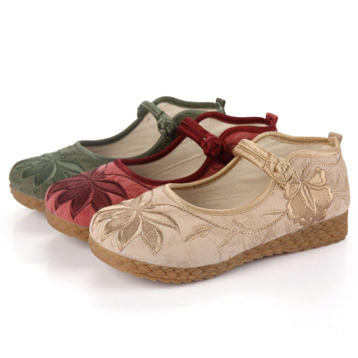 Buckle Strap Flat Feet Shoes Green Embroideried Cotton Fabric