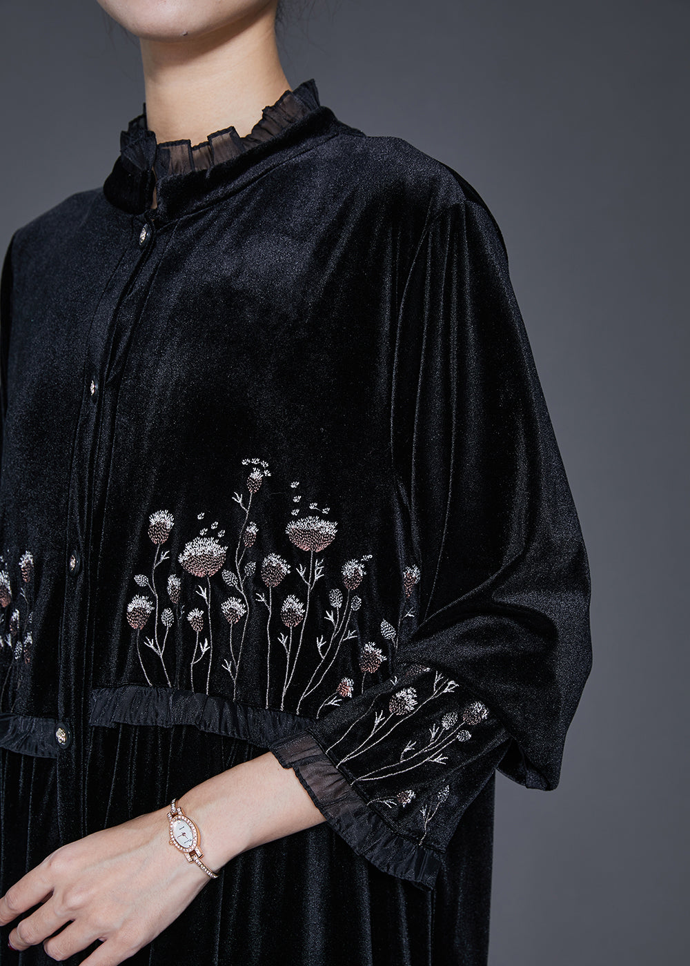 Black Embroidered Patchwork Ruffled Silk Velour Dress Bracelet Sleeve