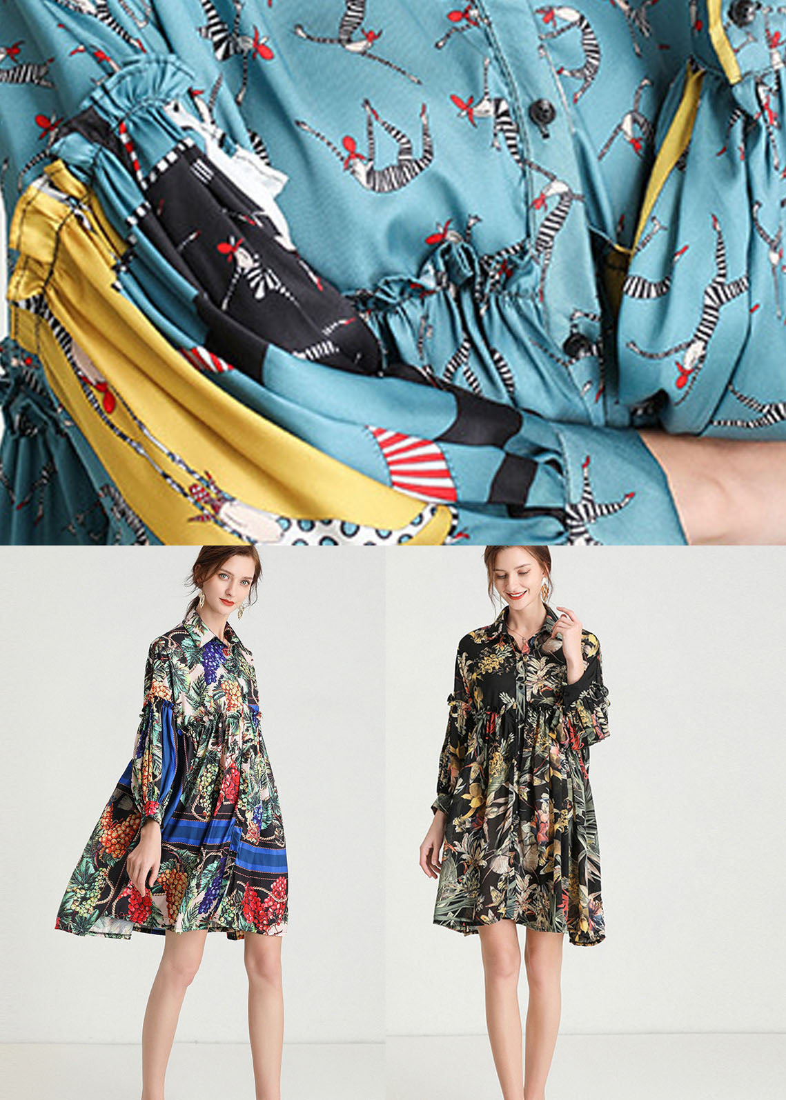 Organic Blue Peterpan Collar Patchwork Fall Holiday Dress Long Sleeve