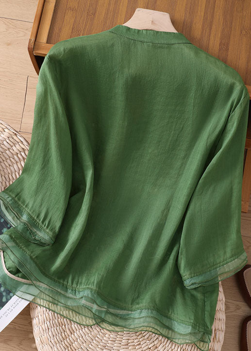 Green Embroideried Button Patchwork Linen Top Bracelet Sleeve