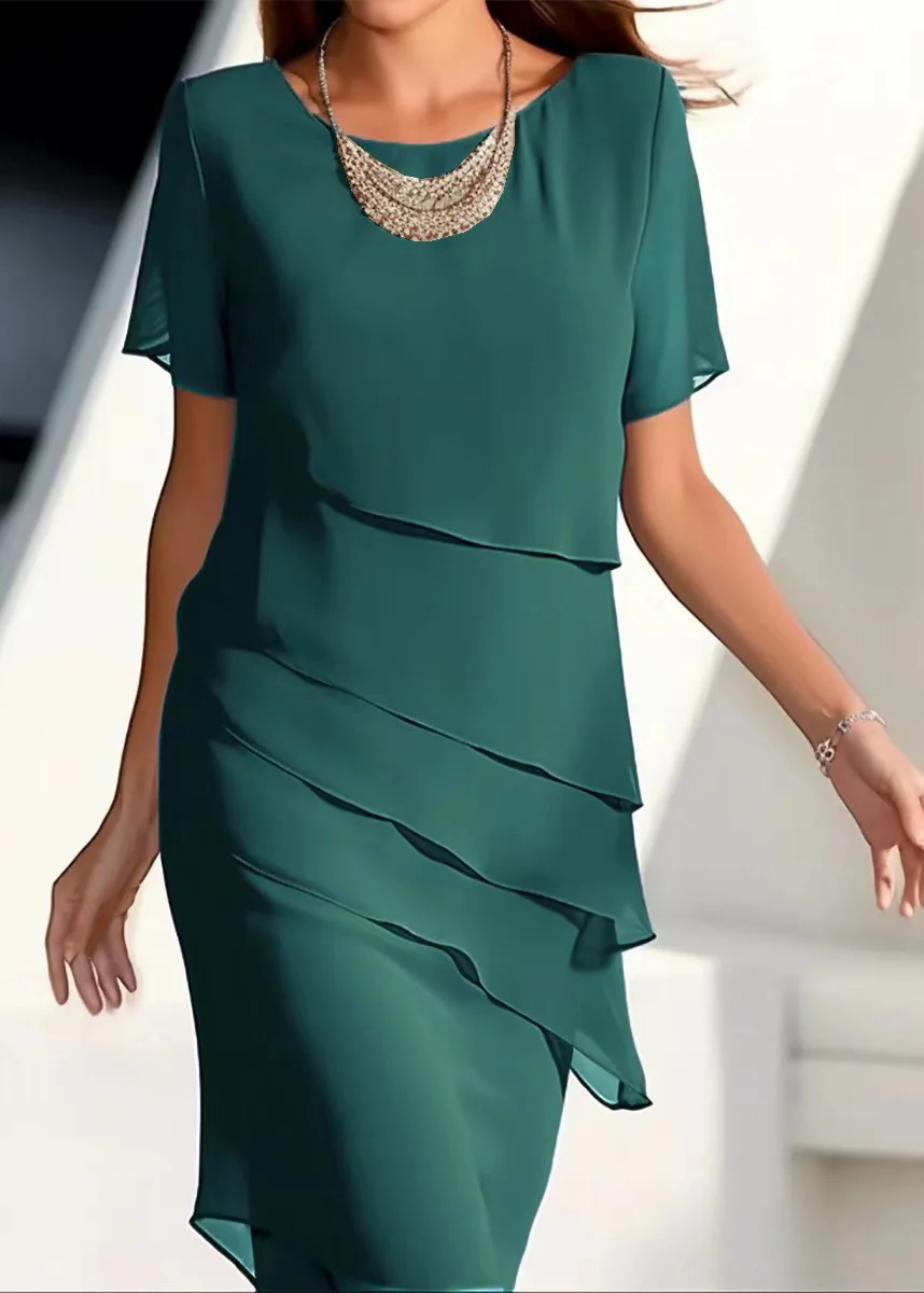 French Khaki O-neck Layered Chiffon Maxi Dresses Short Sleeve Summer
