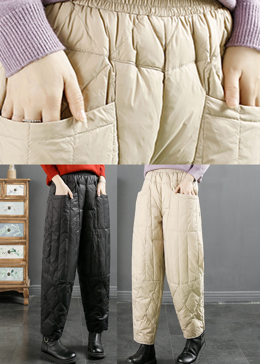 Black Pockets Patchwork Thick Duck Down Filled Pants