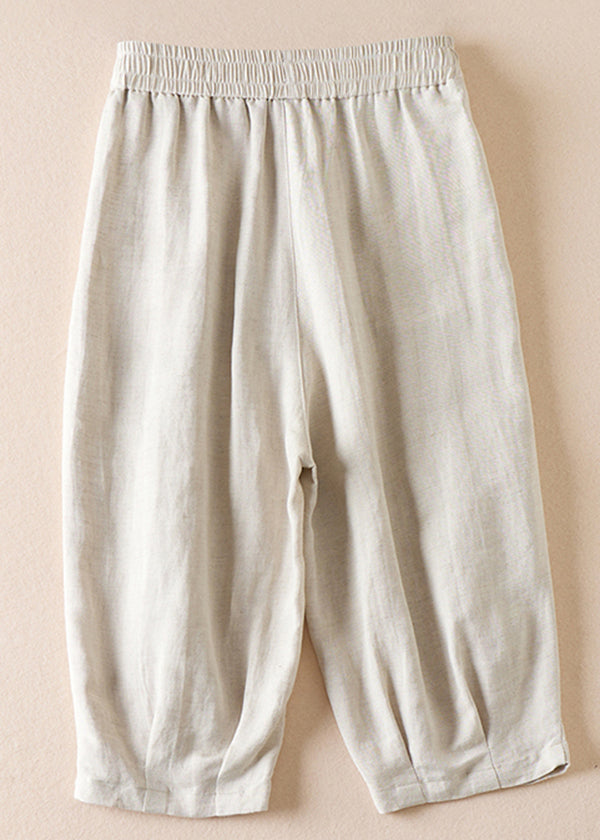 Beige Pockets Wrinkled Elastic Waist Cotton Shorts Summer