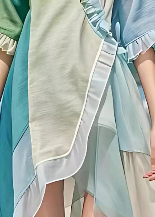 Light Blue V Neck Ruffled Chiffon Dress Summer