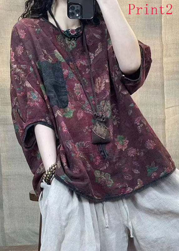 Retro Loose Print O-neck Linen Tops Summer
