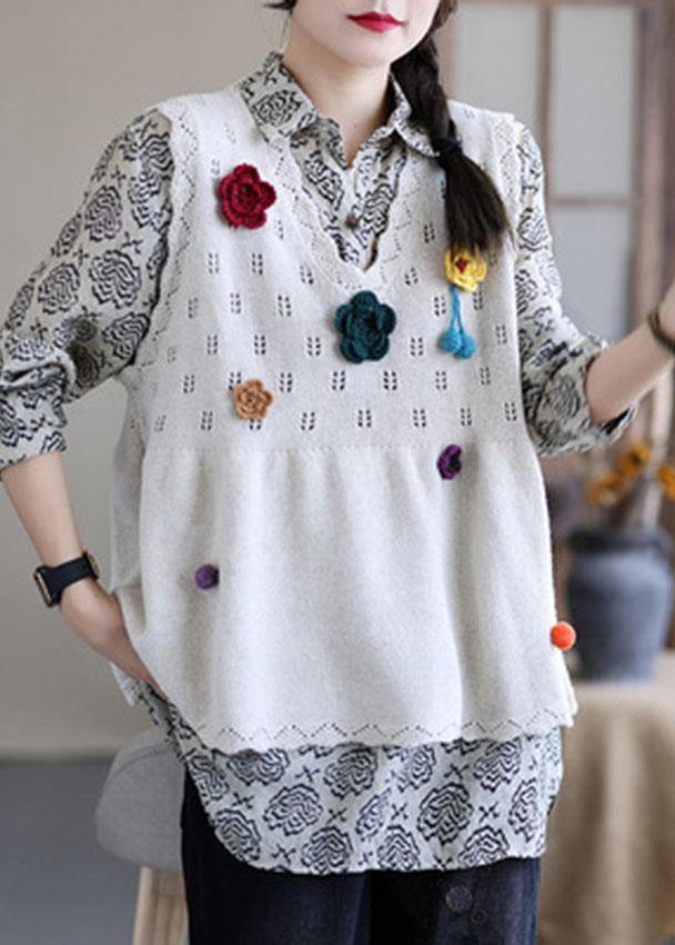 Beige Embroideried Hollow Out Fall Knit Vest Sleeveless