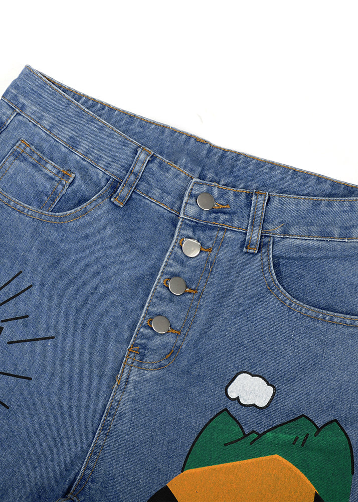 Blue Cartoon Printed Denim Pant Spring