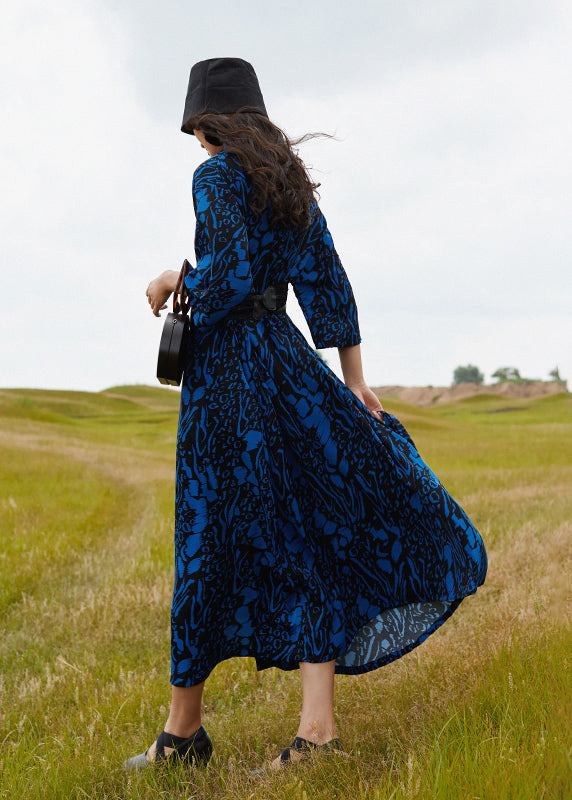 Blue V Neck Print Cotton Robe Dresses Summer