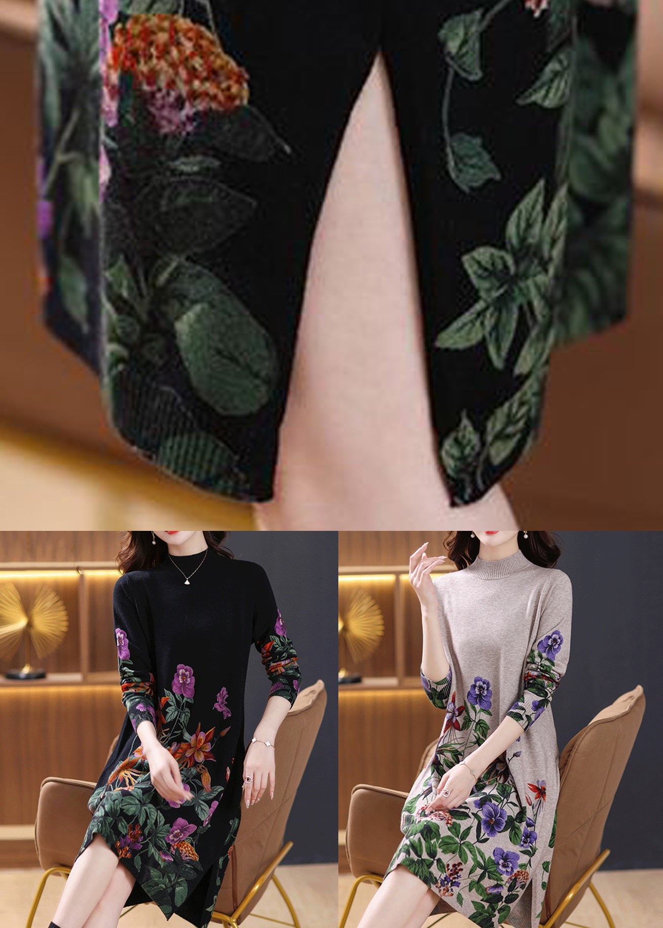 Black Turtleneck Print Wool Knit Dress Long Sleeve