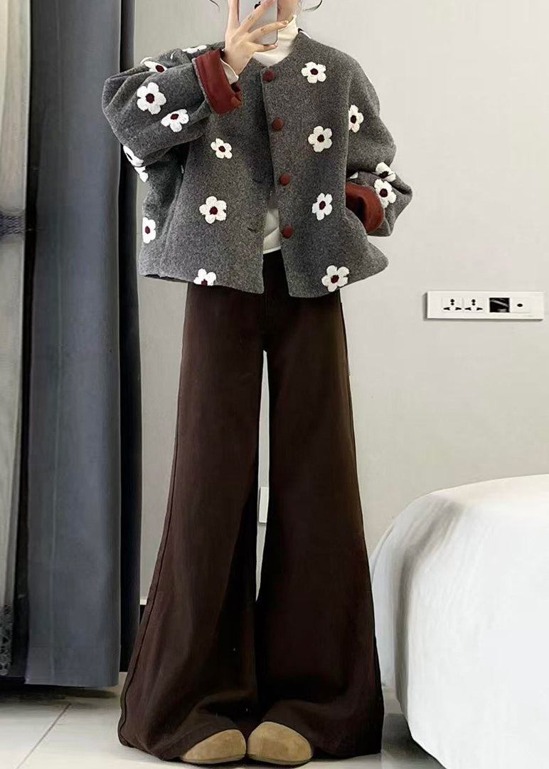 Organic Grey Print Button Woolen Coats and Wide Leg Pants Two Pieces Set Winter