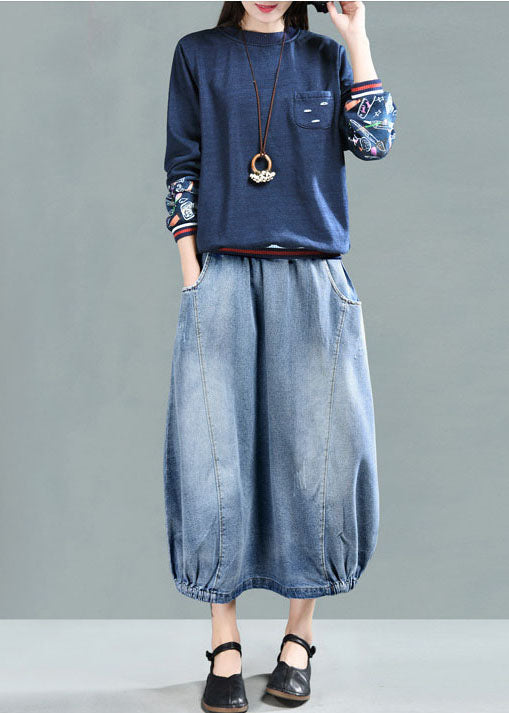 Light Blue Elastic Waist Pockets Cotton Denim Skirt Summer
