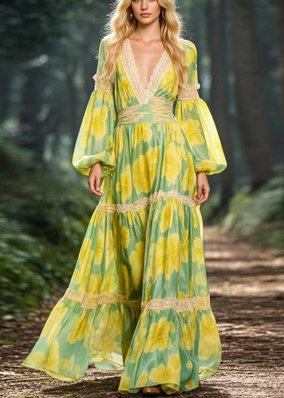 Yellow V Neck Print Patchwork Chiffon Maxi Dress Spring