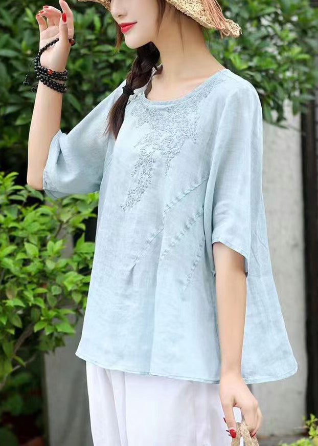 Orange O-neck Embroideried Linen Shirt Top Short Sleeve