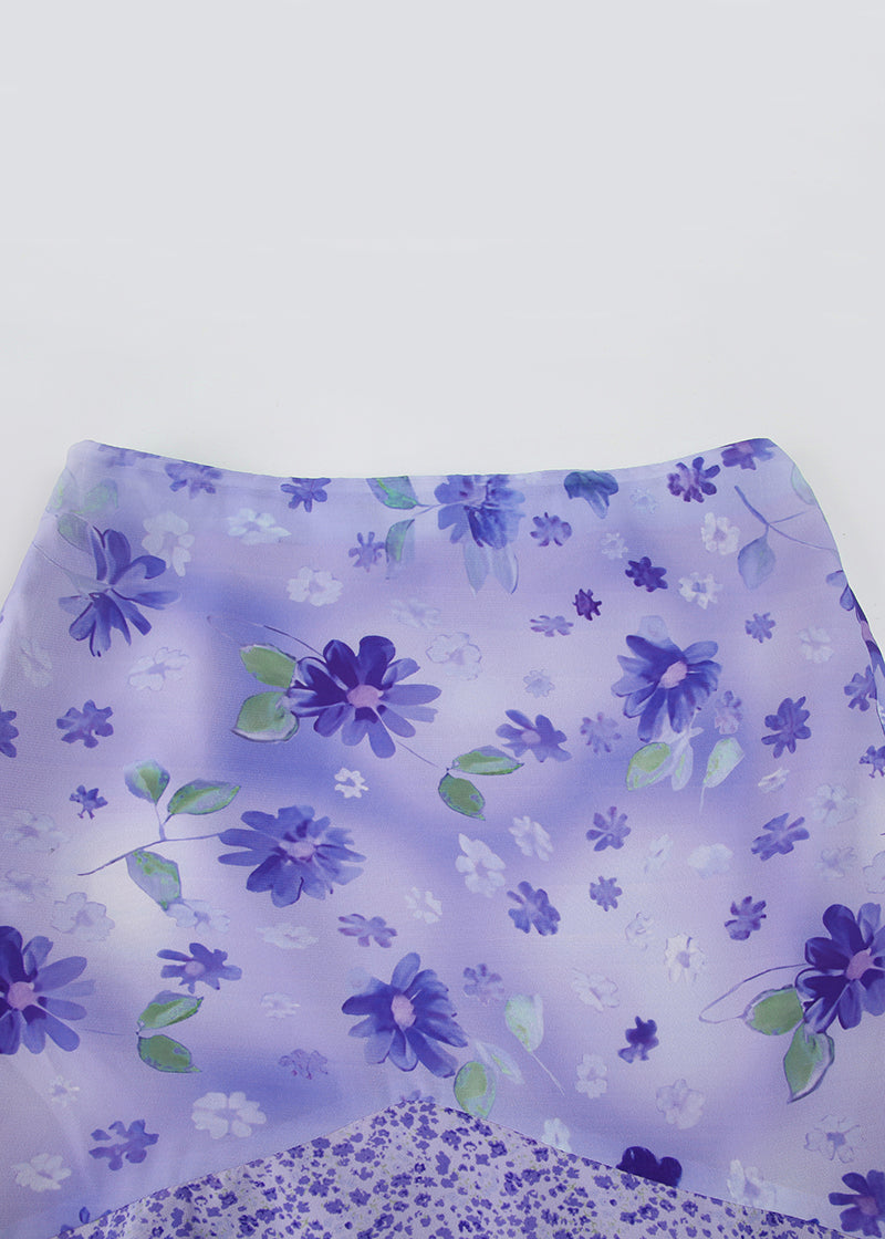 Purple Zippered Print Patchwork Chiffon Skirt Summer
