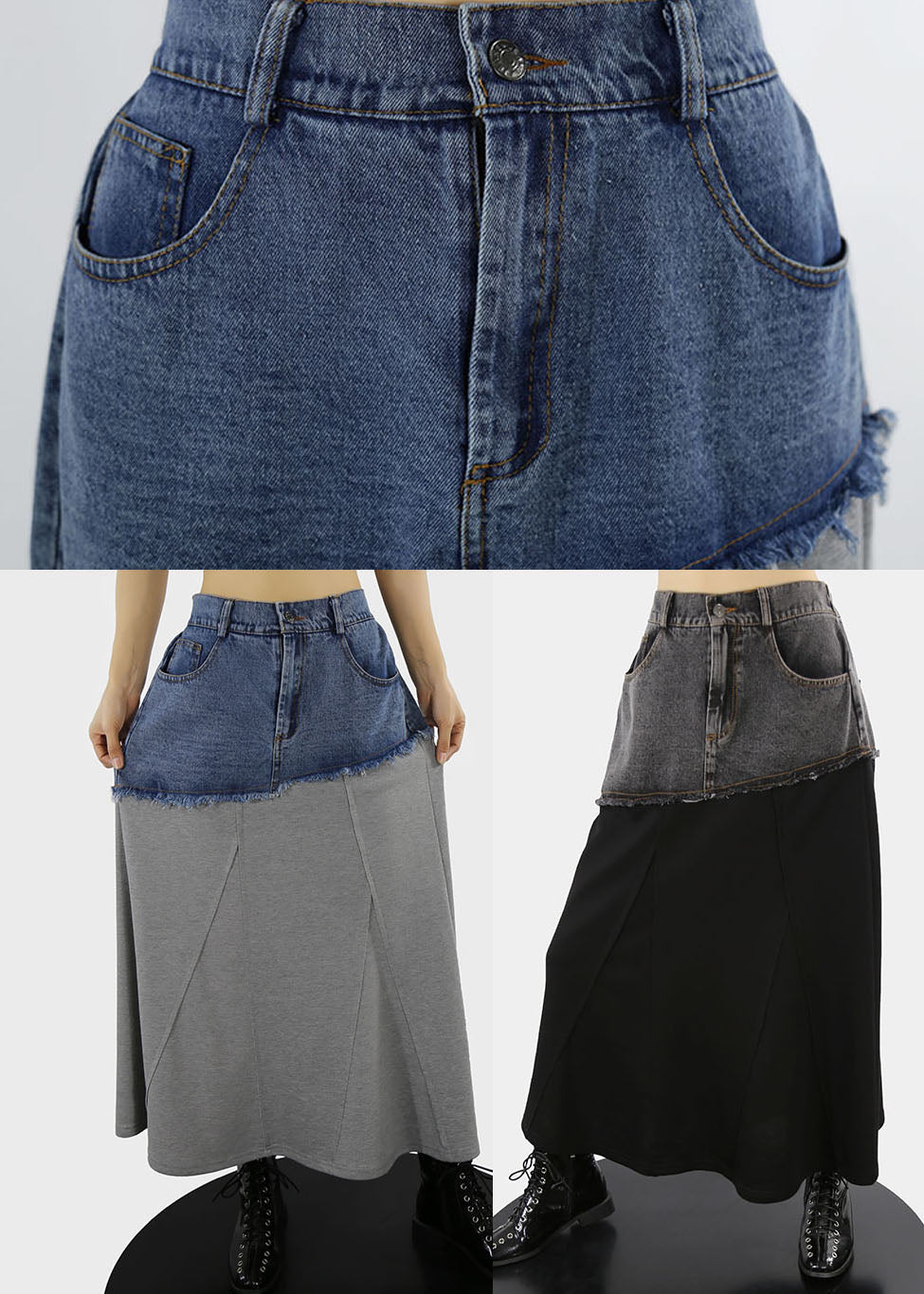 Grey a Line Skirts Denim Patchwork Button Spring