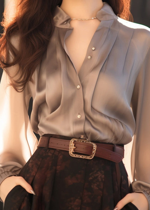 Stylish Grey Original Design Button Silk Shirts Fall