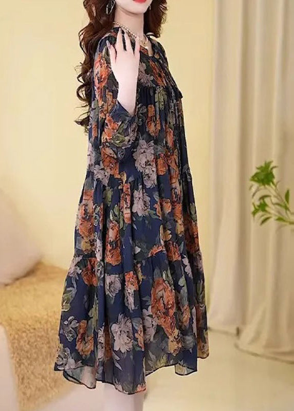 New Navy Print Wrinkled Cotton Long Dresses Long Sleeve Fall