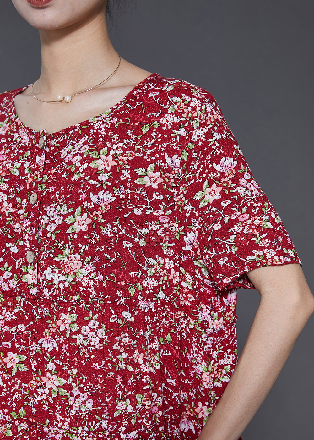 Red Ruffled Print Exra Large Hem Cotton Holiday Dress Summer