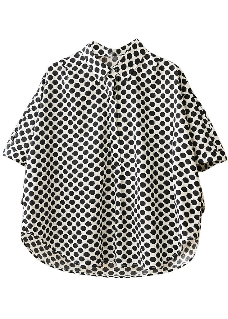 Black Dot Print Peter Pan Collar Cotton Shirts Short Sleeve