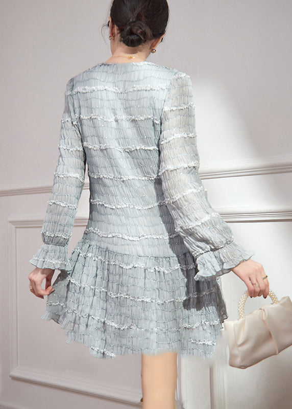 Blue V Neck Ruffled Patchwork Sequins Chiffon Mid Dress Flare Sleeve