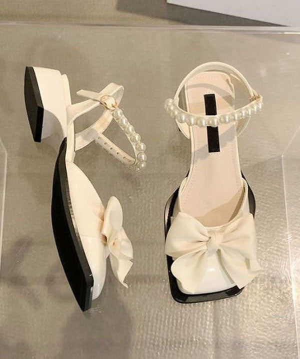 Nail Bead Bow Splicing Chunky Sandals Khaki Faux Leather