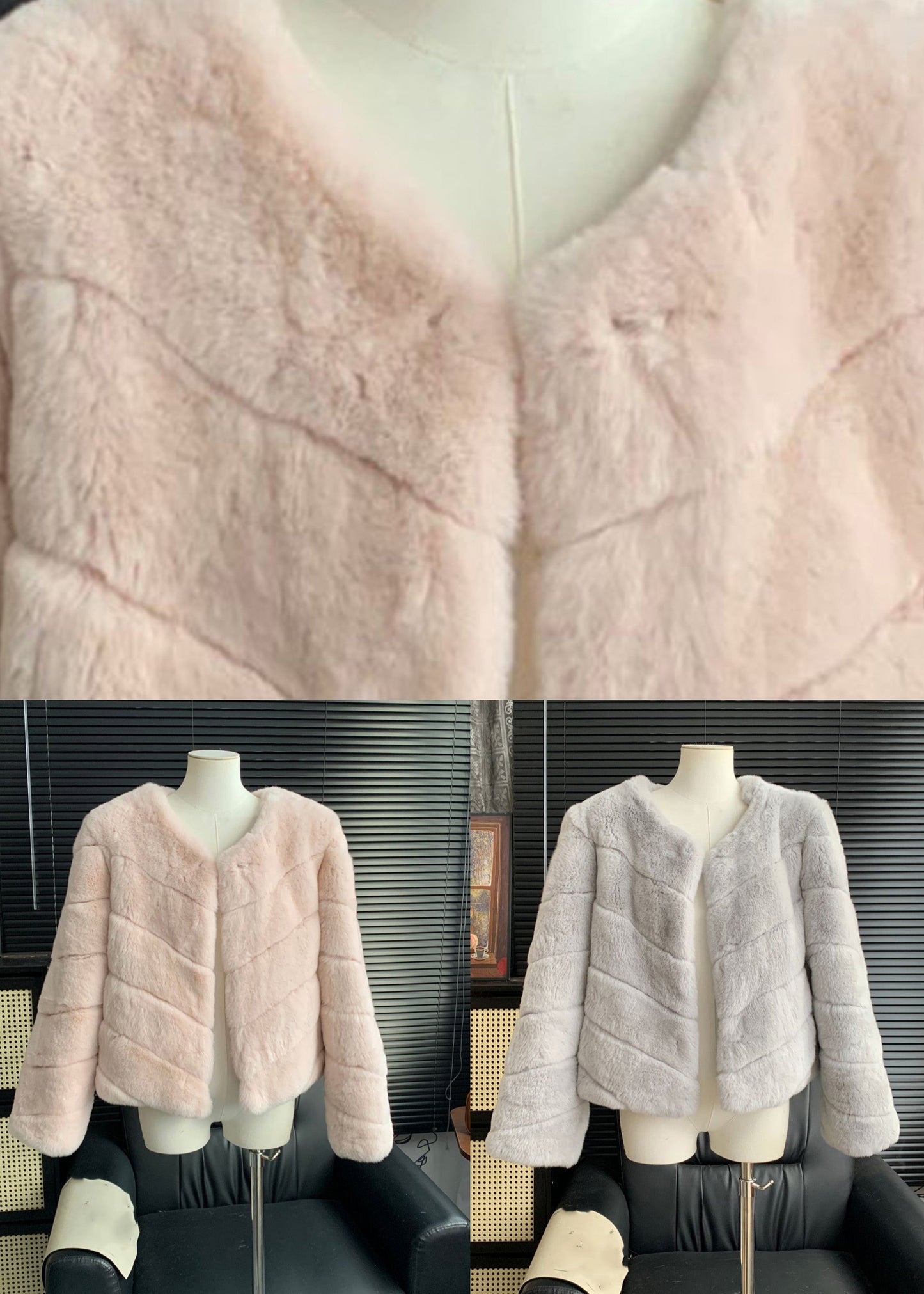 Style Pink V Neck Striped Leather and Fur Coats Winter