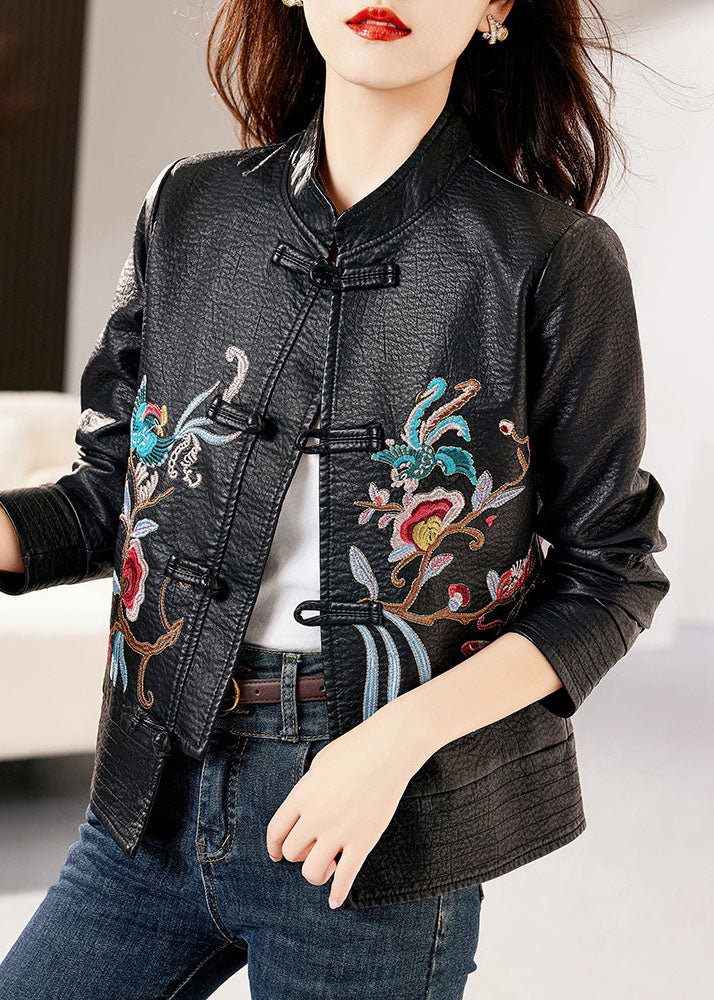 Classy Black Stand Collar Embroideried Faux Leather Coats Long Sleeve