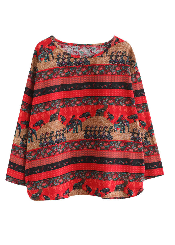 Red Oversized Print Cotton Tops Spring