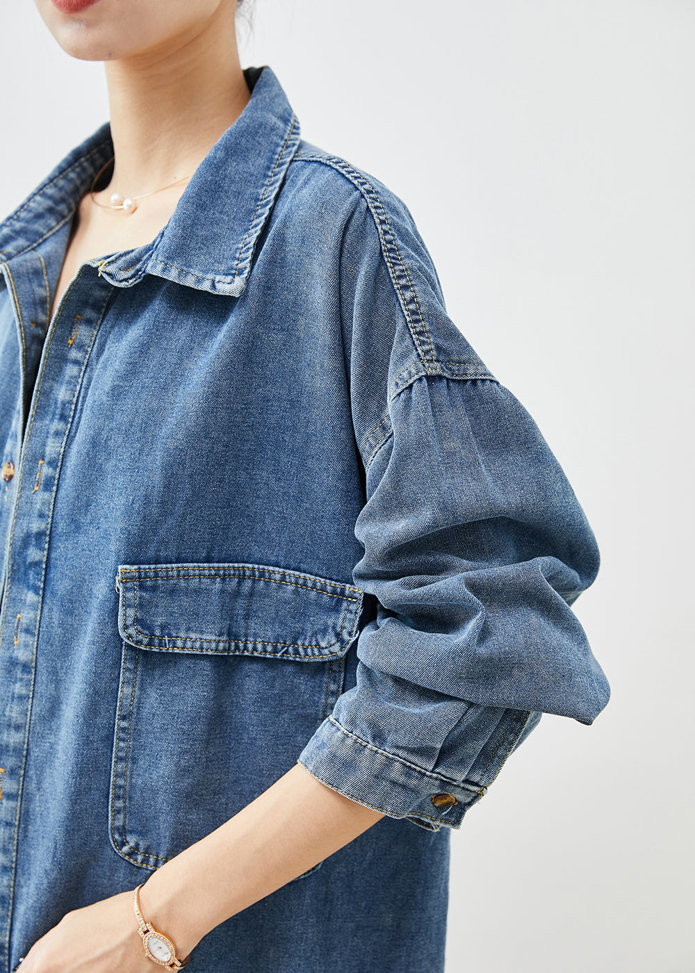 Simple Blue Oversized Pockets Denim Coat Outwear Spring