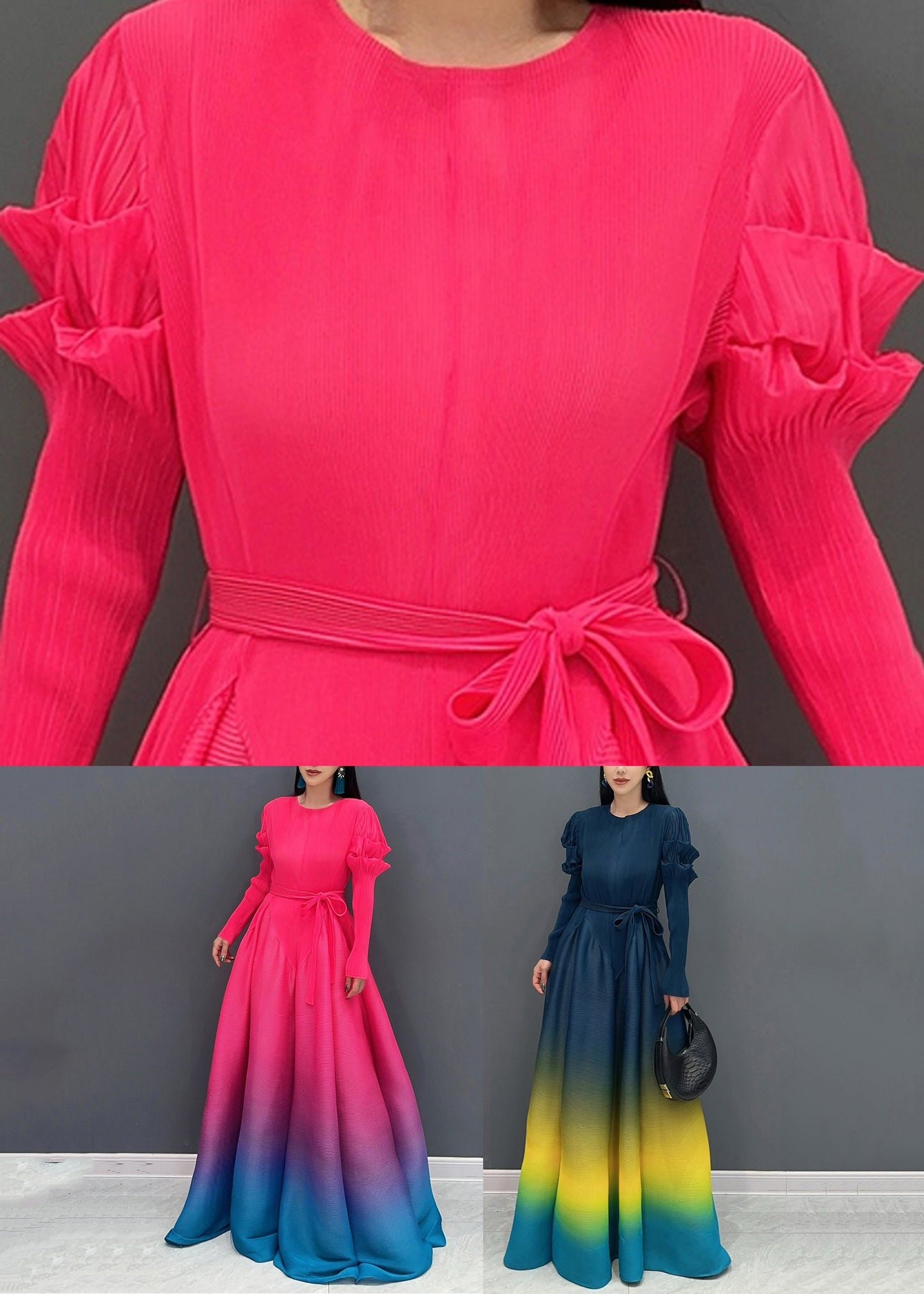 Red O-neck Gradient Color Maxi Dresses Long Sleeve