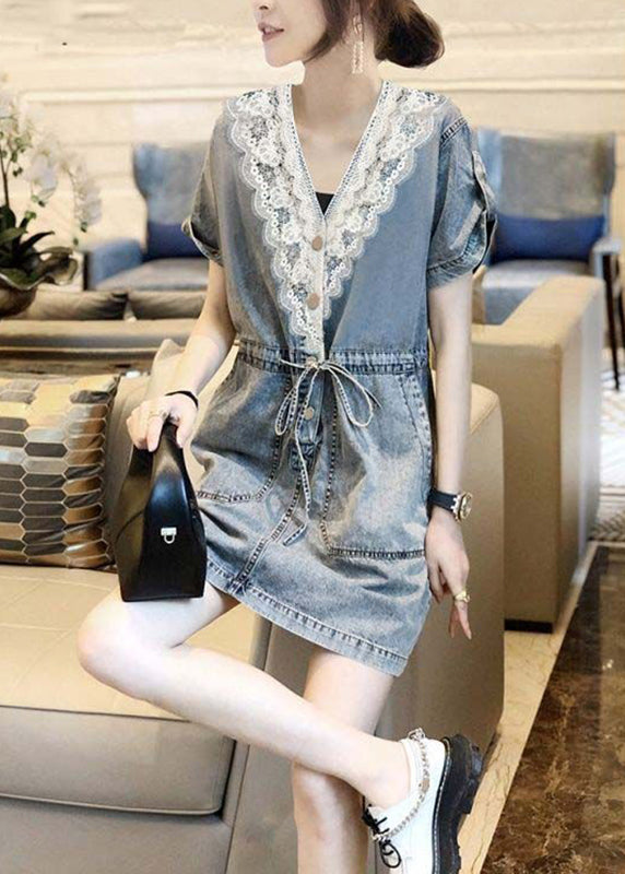 Blue V Neck Lace Patchwork Tie Waist Holiday Mid Dress Short Sleeve
