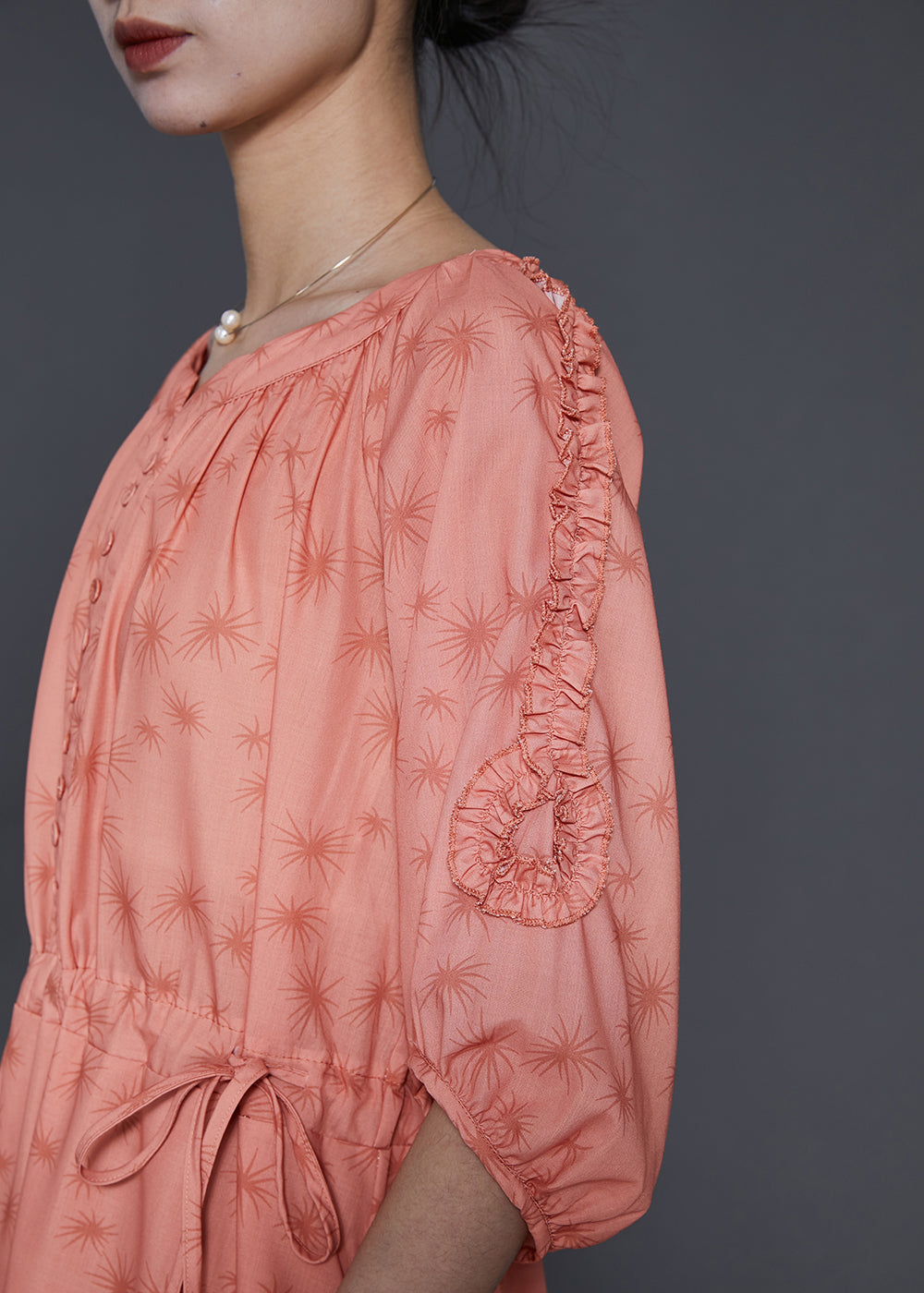 Orange Ruffled Print Linen Cinched Dress Summer