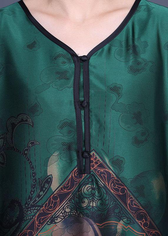 Green Print Patchwork Summer Silk Long Shirts + Wide Leg Two Pieces Set