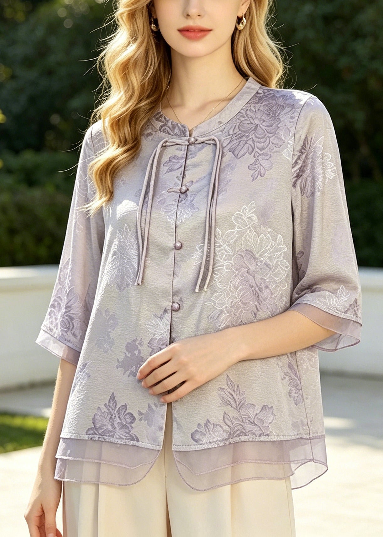 Purple Tasseled Jacquard Silk Blouse Top Summer