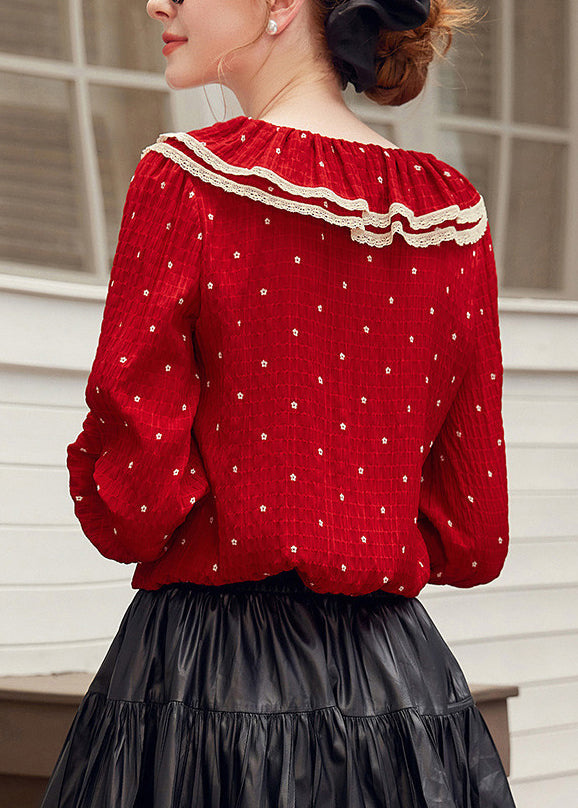 Red V Neck Dot Patchwork Tie Lace Shirt Fall