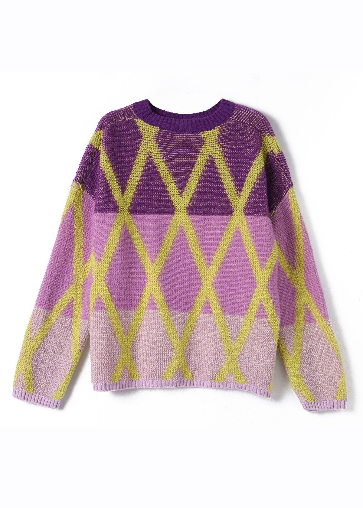 Art Purple O-neck Plaid Patchwork Wool Knit Sweaters Long Sleeve