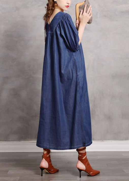 Blue V Neck Embroideried Exra Large Hem Cotton Vacation Dresses Half Sleeve