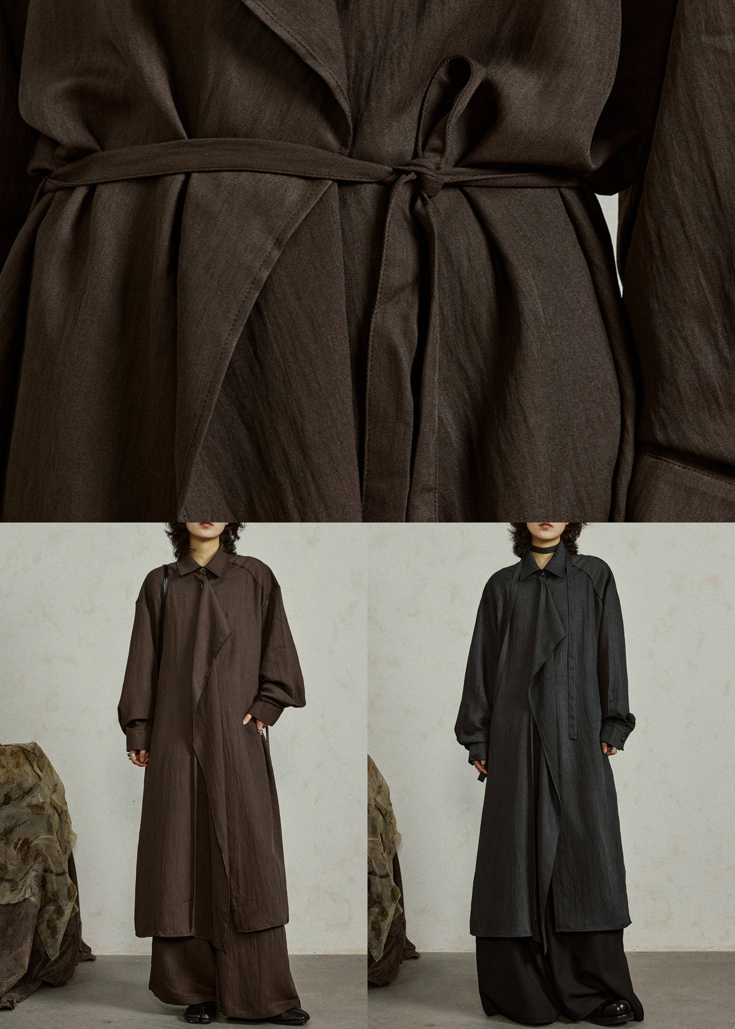 Loose Black Ruffled Tie Waist Cotton Shirts Coat Fall