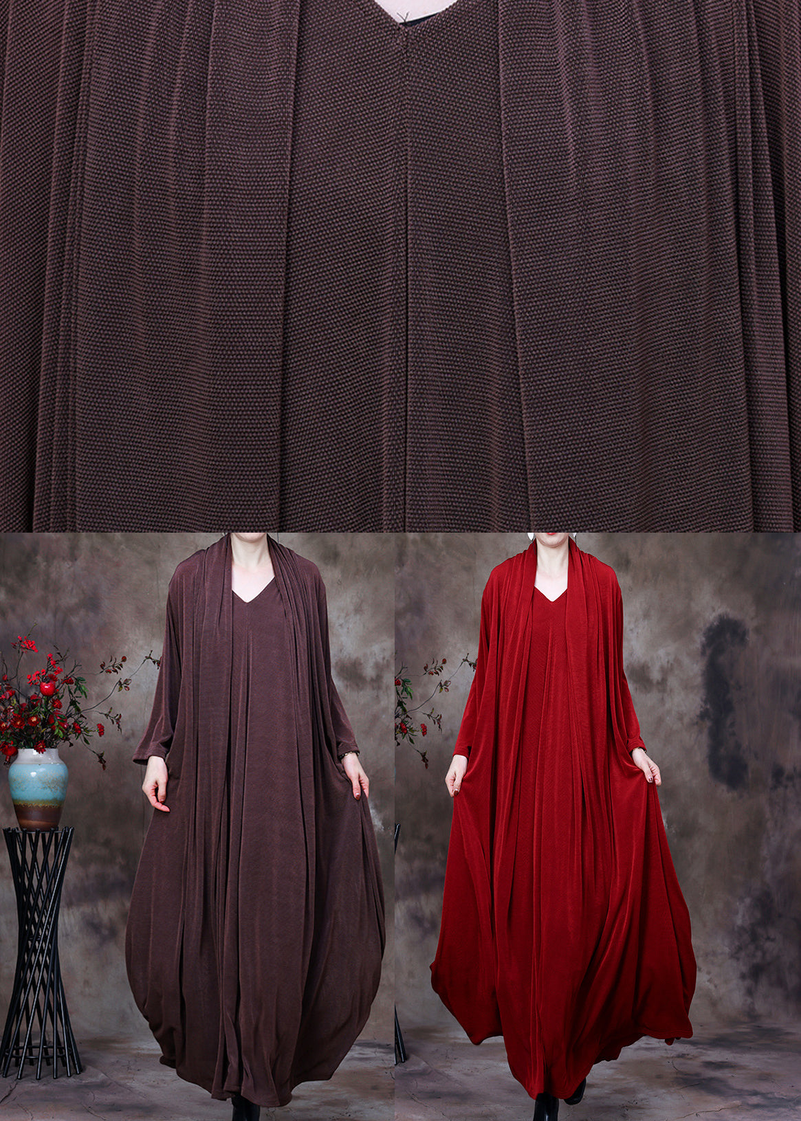 Red V Neck Fake Two Pieces Silk Long Dresses Long Sleeve