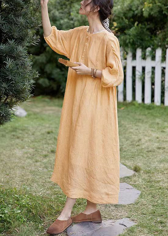 Classy Orange O-neck Button Pockets Cotton Dress Spring