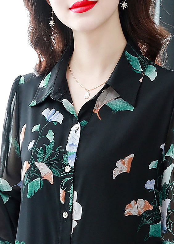 Black Button Peter Pan Collar Print Long Chiffon Shirt Tops Half Sleeve