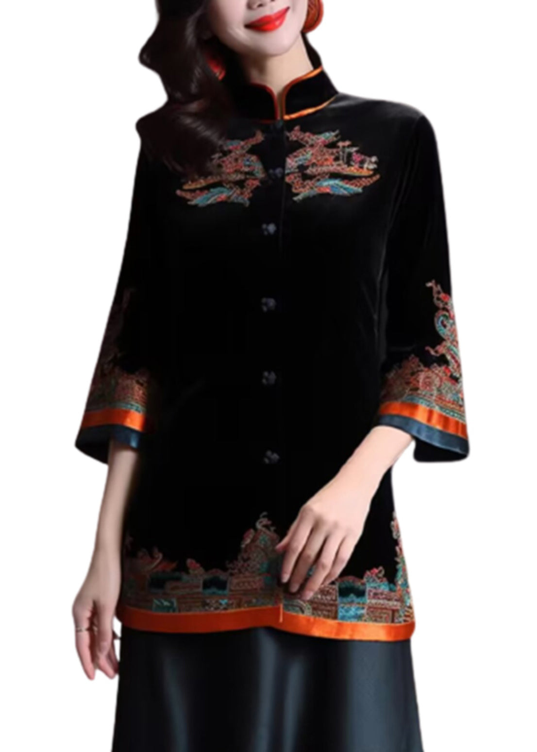 Black Stand Collar Embroideried Button Silk Velour Coats Fall
