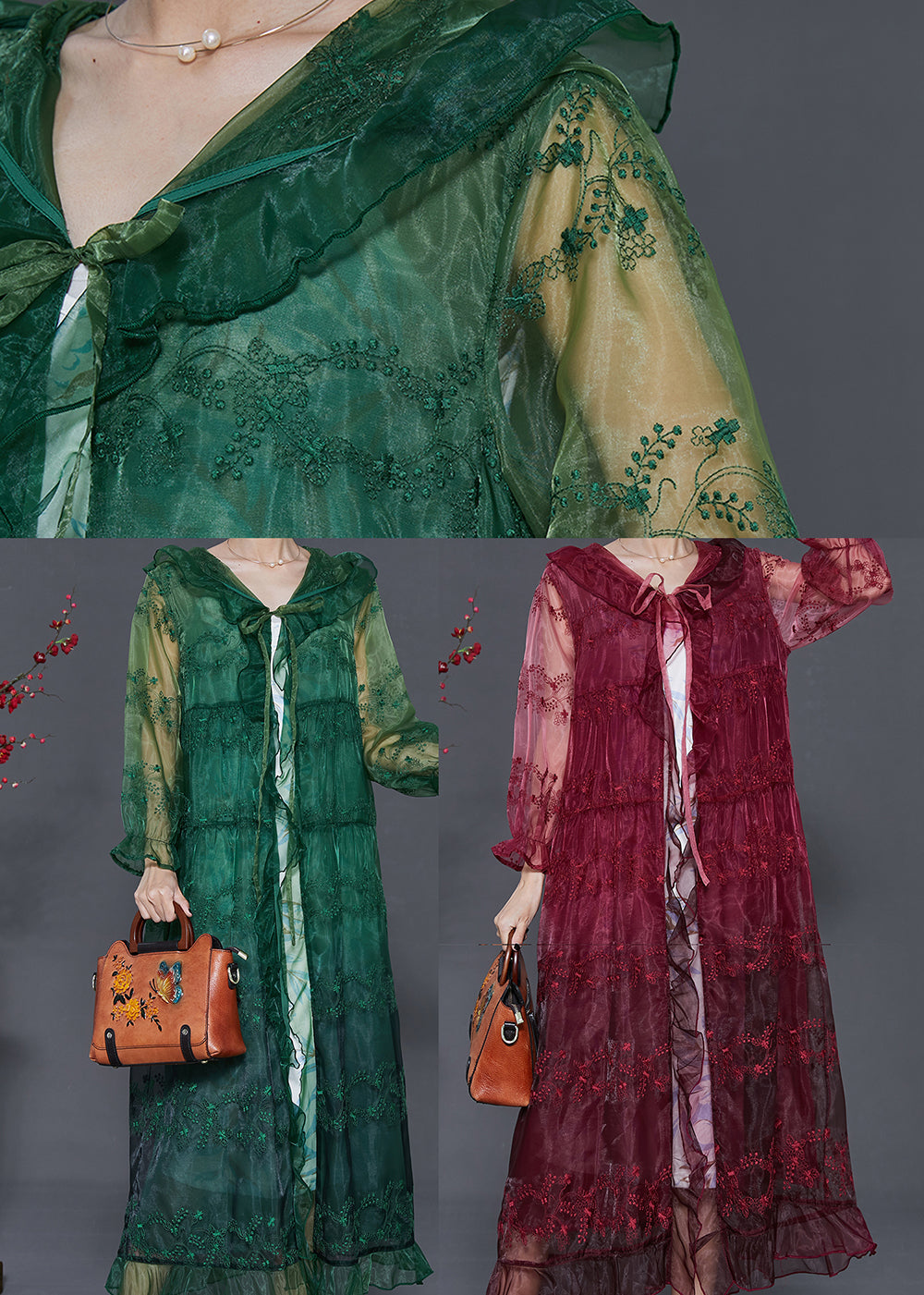 Mulberry Embroidered Organza Hooded Cardigan Summer